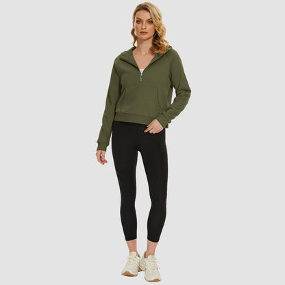 Moletom feminino com capuz, forro de lã, zíper 1/2, blusa curta de manga comprida com bolso canguru