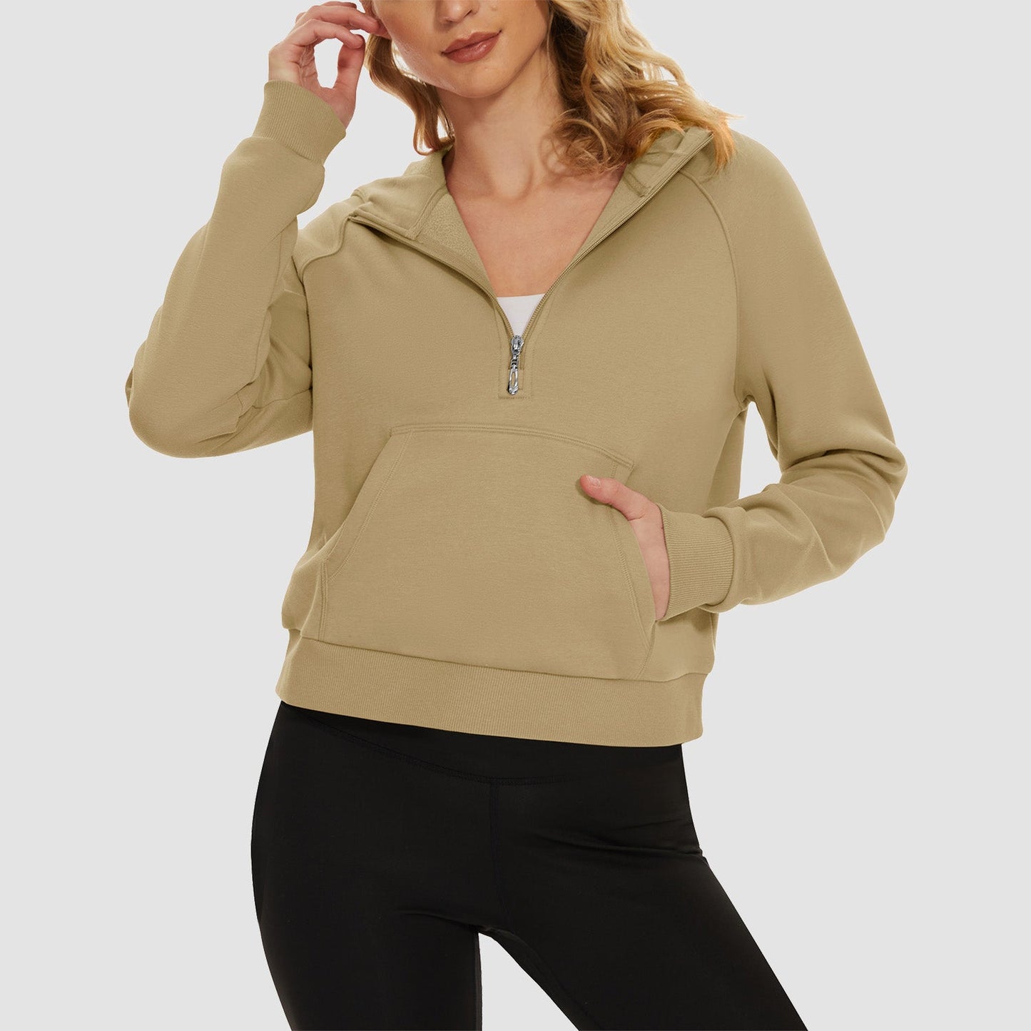 Moletom feminino com capuz, forro de lã, zíper 1/2, blusa curta de manga comprida com bolso canguru
