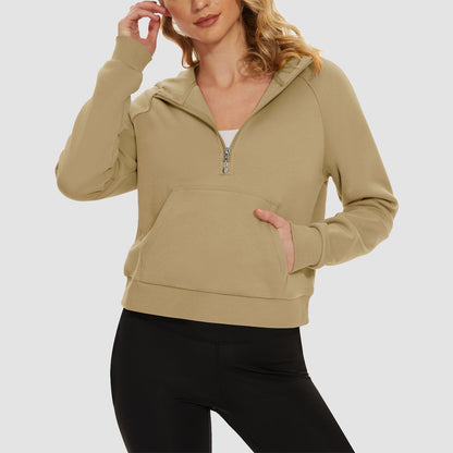 Moletom feminino com capuz, forro de lã, zíper 1/2, blusa curta de manga comprida com bolso canguru