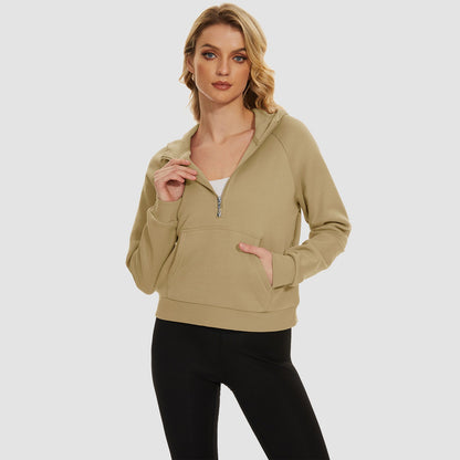 Moletom feminino com capuz, forro de lã, zíper 1/2, blusa curta de manga comprida com bolso canguru
