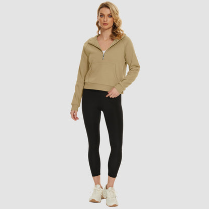 Moletom feminino com capuz, forro de lã, zíper 1/2, blusa curta de manga comprida com bolso canguru