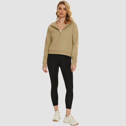 Moletom feminino com capuz, forro de lã, zíper 1/2, blusa curta de manga comprida com bolso canguru