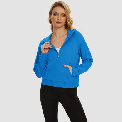 Moletom feminino com capuz, forro de lã, zíper 1/2, blusa curta de manga comprida com bolso canguru
