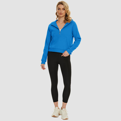 Moletom feminino com capuz, forro de lã, zíper 1/2, blusa curta de manga comprida com bolso canguru