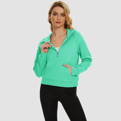 Moletom feminino com capuz, forro de lã, zíper 1/2, blusa curta de manga comprida com bolso canguru