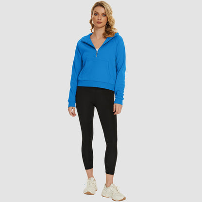 Moletom feminino com capuz, forro de lã, zíper 1/2, blusa curta de manga comprida com bolso canguru