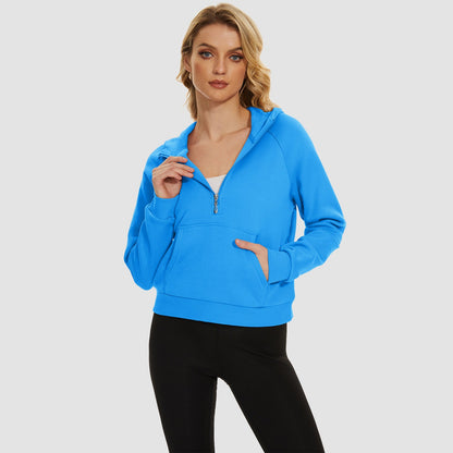 Moletom feminino com capuz, forro de lã, zíper 1/2, blusa curta de manga comprida com bolso canguru