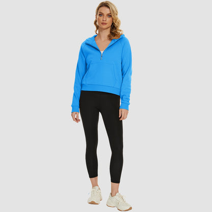 Moletom feminino com capuz, forro de lã, zíper 1/2, blusa curta de manga comprida com bolso canguru