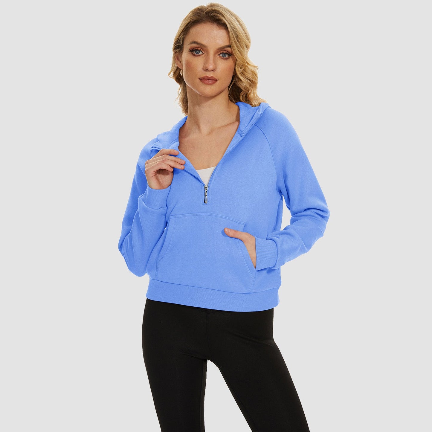 Moletom feminino com capuz, forro de lã, zíper 1/2, blusa curta de manga comprida com bolso canguru