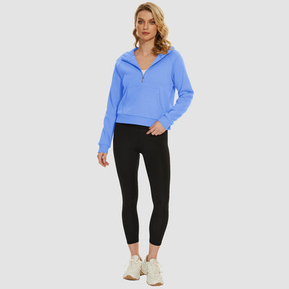 Moletom feminino com capuz, forro de lã, zíper 1/2, blusa curta de manga comprida com bolso canguru