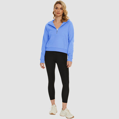 Moletom feminino com capuz, forro de lã, zíper 1/2, blusa curta de manga comprida com bolso canguru