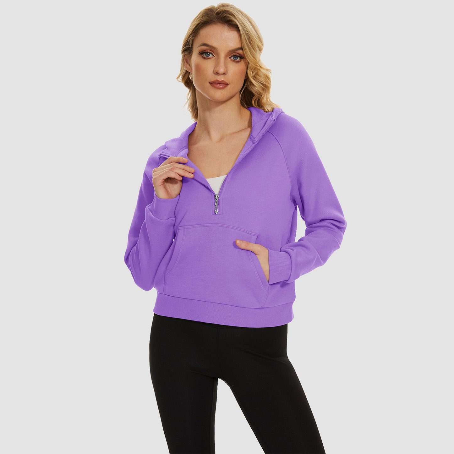 Moletom feminino com capuz, forro de lã, zíper 1/2, blusa curta de manga comprida com bolso canguru