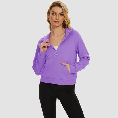 Moletom feminino com capuz, forro de lã, zíper 1/2, blusa curta de manga comprida com bolso canguru
