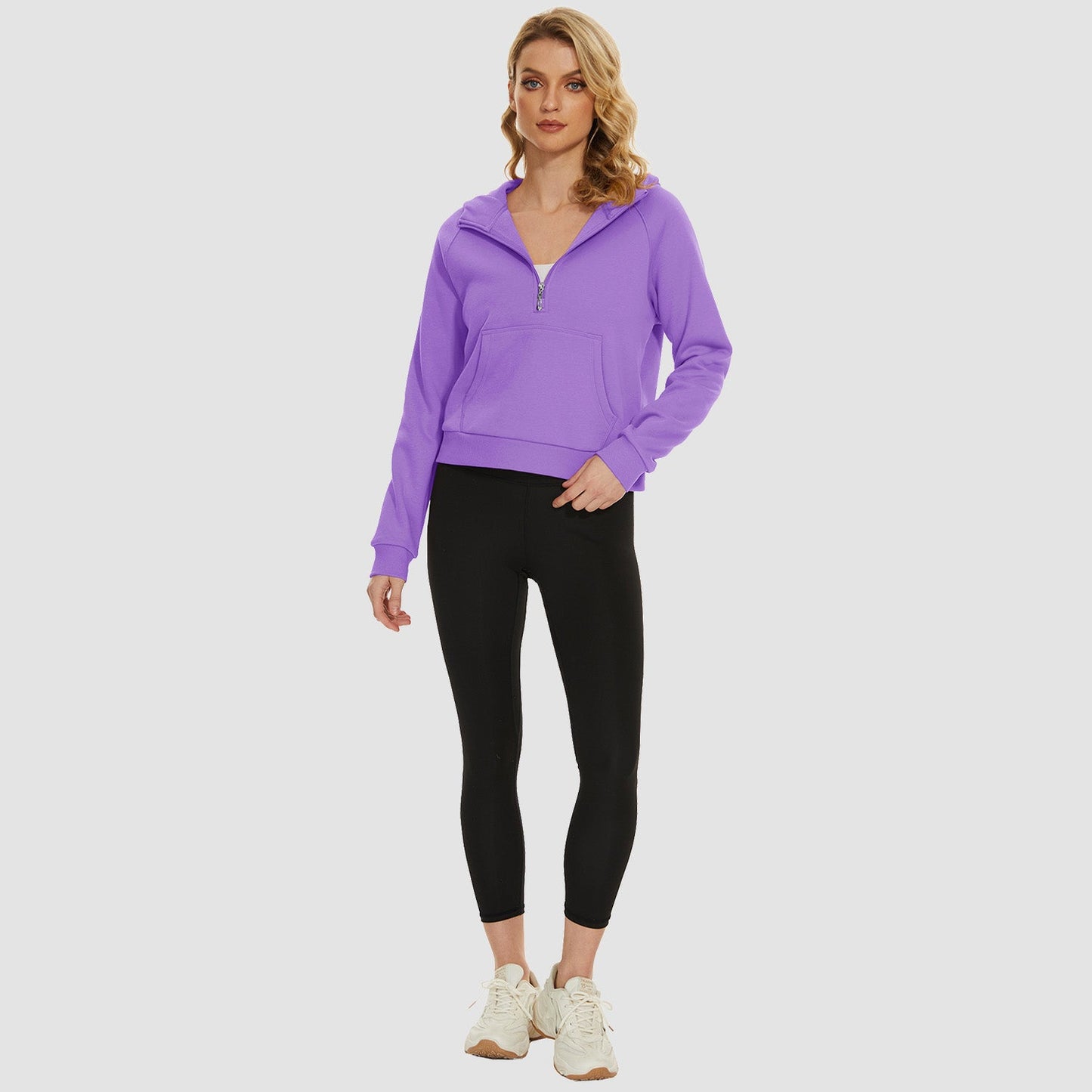 Moletom feminino com capuz, forro de lã, zíper 1/2, blusa curta de manga comprida com bolso canguru