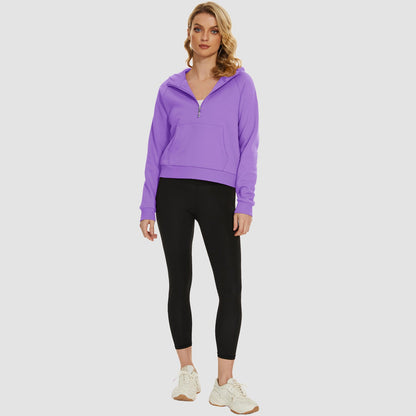 Moletom feminino com capuz, forro de lã, zíper 1/2, blusa curta de manga comprida com bolso canguru