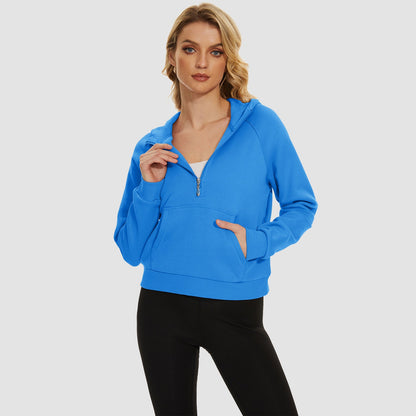 Moletom feminino com capuz, forro de lã, zíper 1/2, blusa curta de manga comprida com bolso canguru