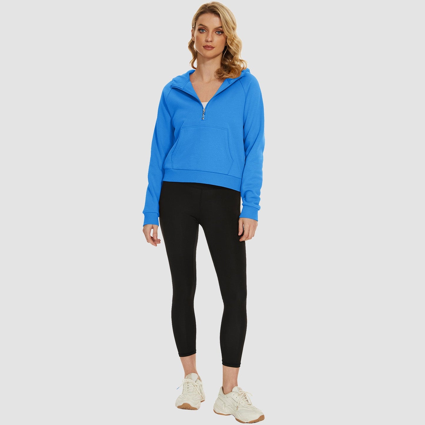 Moletom feminino com capuz, forro de lã, zíper 1/2, blusa curta de manga comprida com bolso canguru