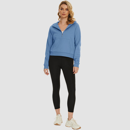 Moletom feminino com capuz, forro de lã, zíper 1/2, blusa curta de manga comprida com bolso canguru