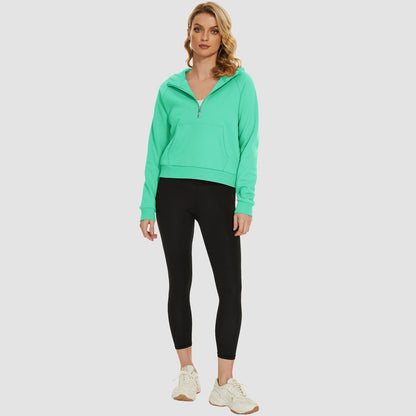 Moletom feminino com capuz, forro de lã, zíper 1/2, blusa curta de manga comprida com bolso canguru
