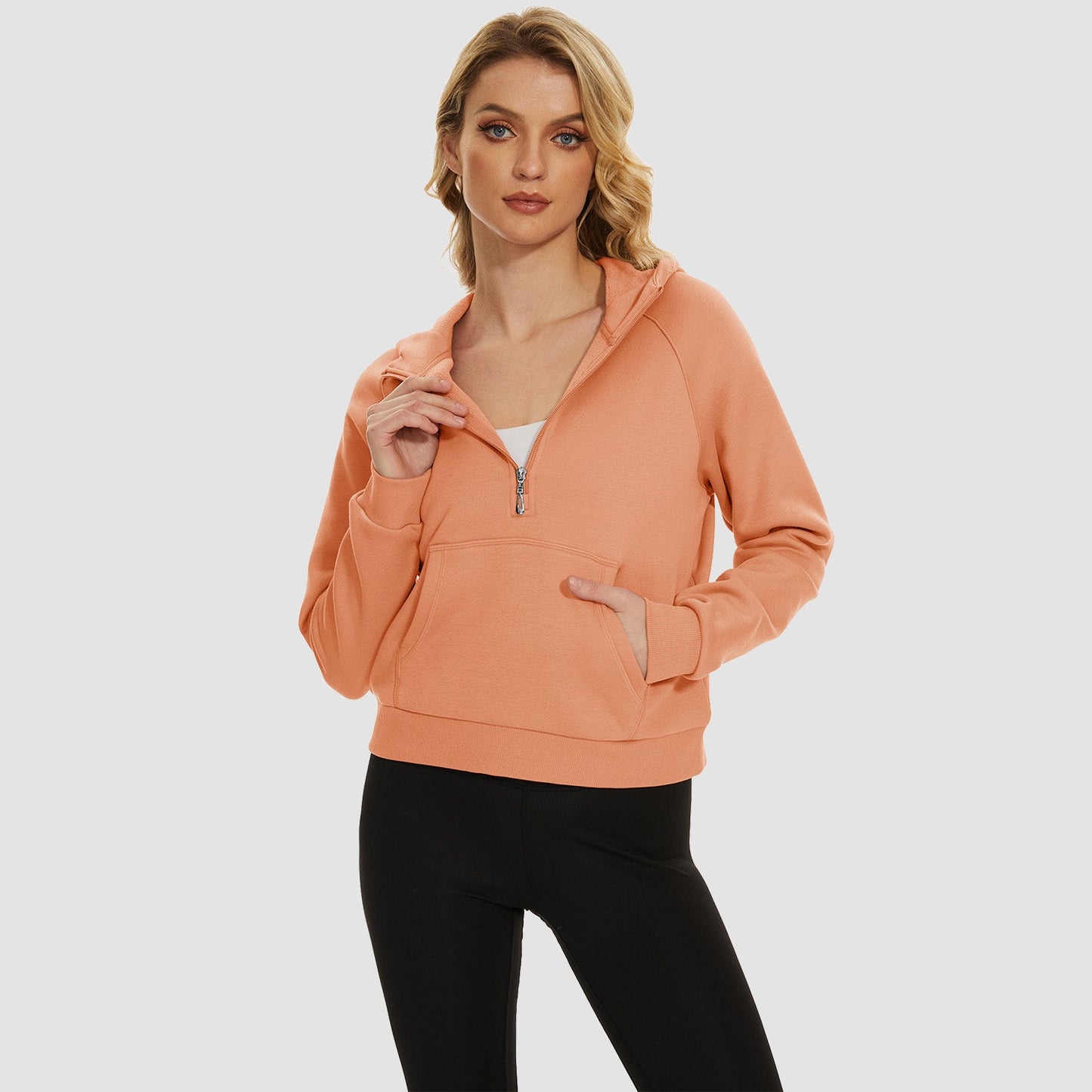 Moletom feminino com capuz, forro de lã, zíper 1/2, blusa curta de manga comprida com bolso canguru