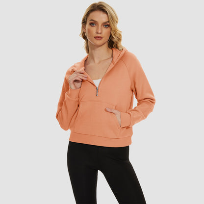 Moletom feminino com capuz, forro de lã, zíper 1/2, blusa curta de manga comprida com bolso canguru