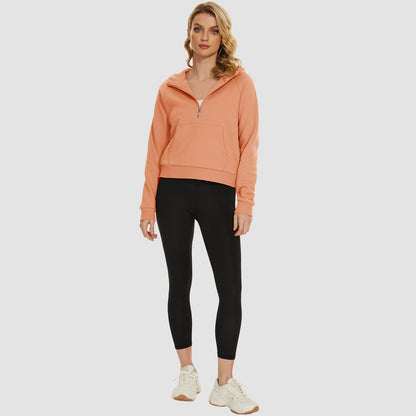 Moletom feminino com capuz, forro de lã, zíper 1/2, blusa curta de manga comprida com bolso canguru
