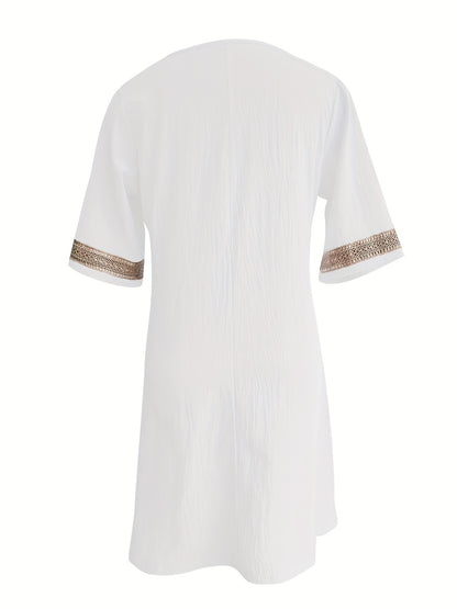 Guipure Lace V-Neck Dress, Casual Short Sleeve for Spring & Summer.