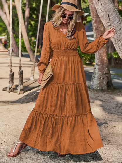 Solid V-Neck Textured Maxi Dress – Vacation Style, Smocked Long Sleeves