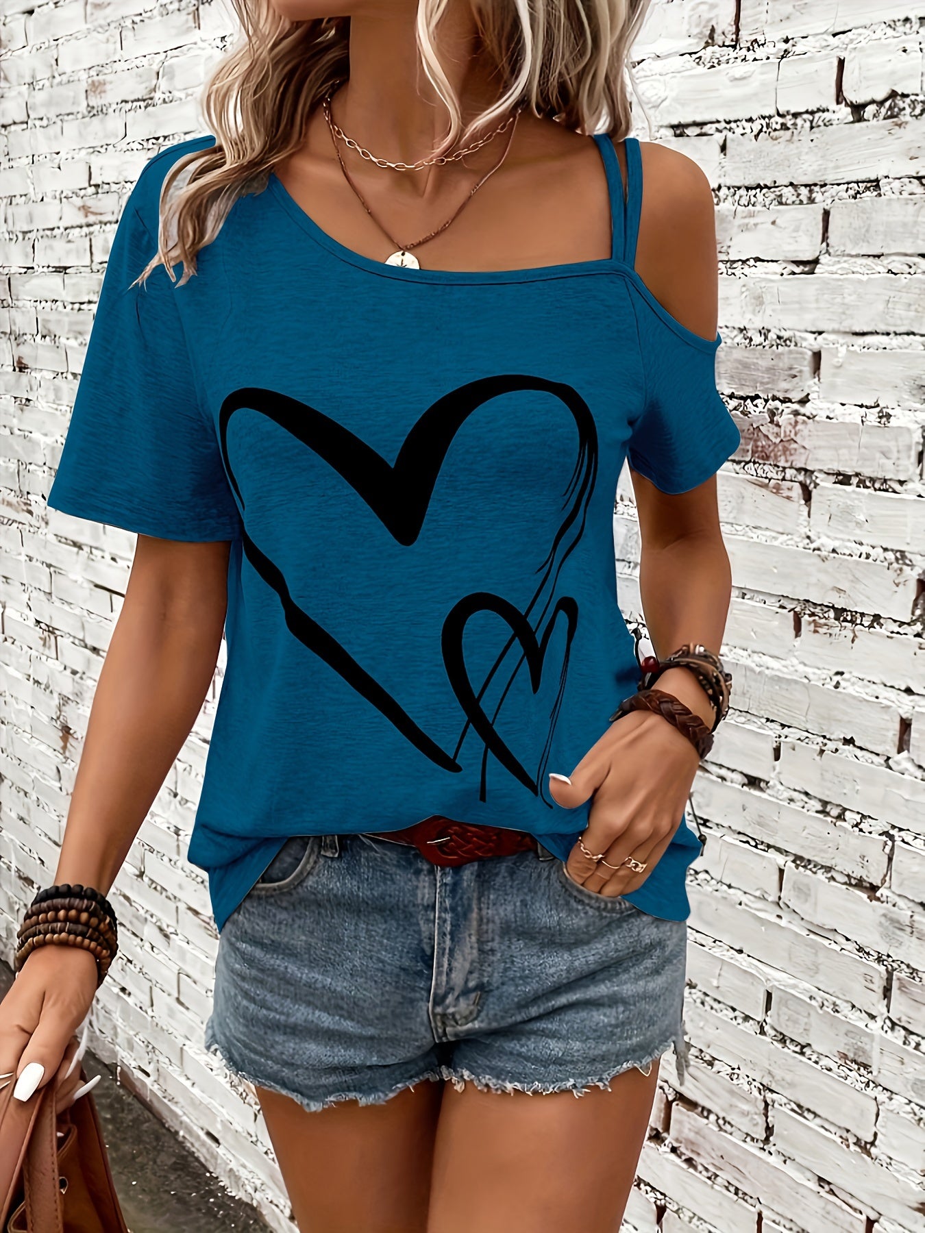 Stylish Heart Print One Shoulder Short Sleeve T-shirt - Elegant Asymmetrical Polyester Top with Micro Elasticity - Perfect for Summer, Womens Regular Length Knit Fabric Clothing