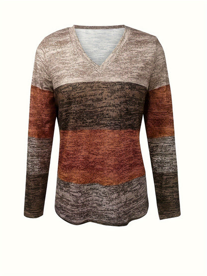 Color Block V-Neck T-Shirt, Casual Long Sleeve for Spring & Fall.