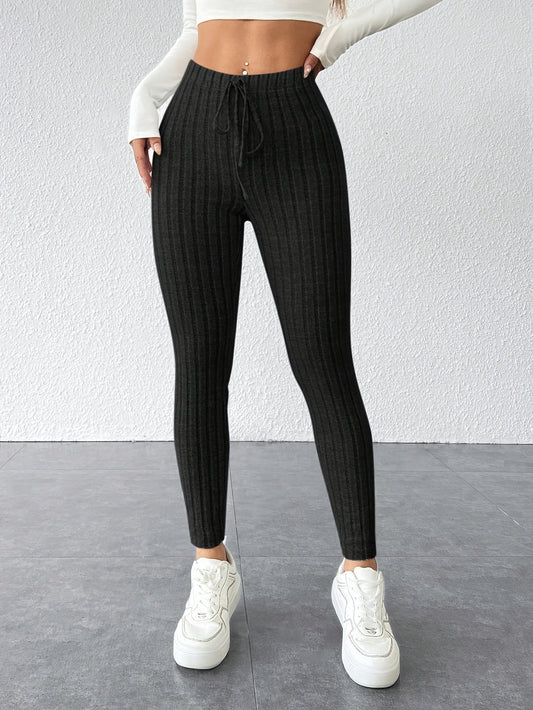 Leggings de cordão de cor sólida - Casual, skinny elástica para uso diário