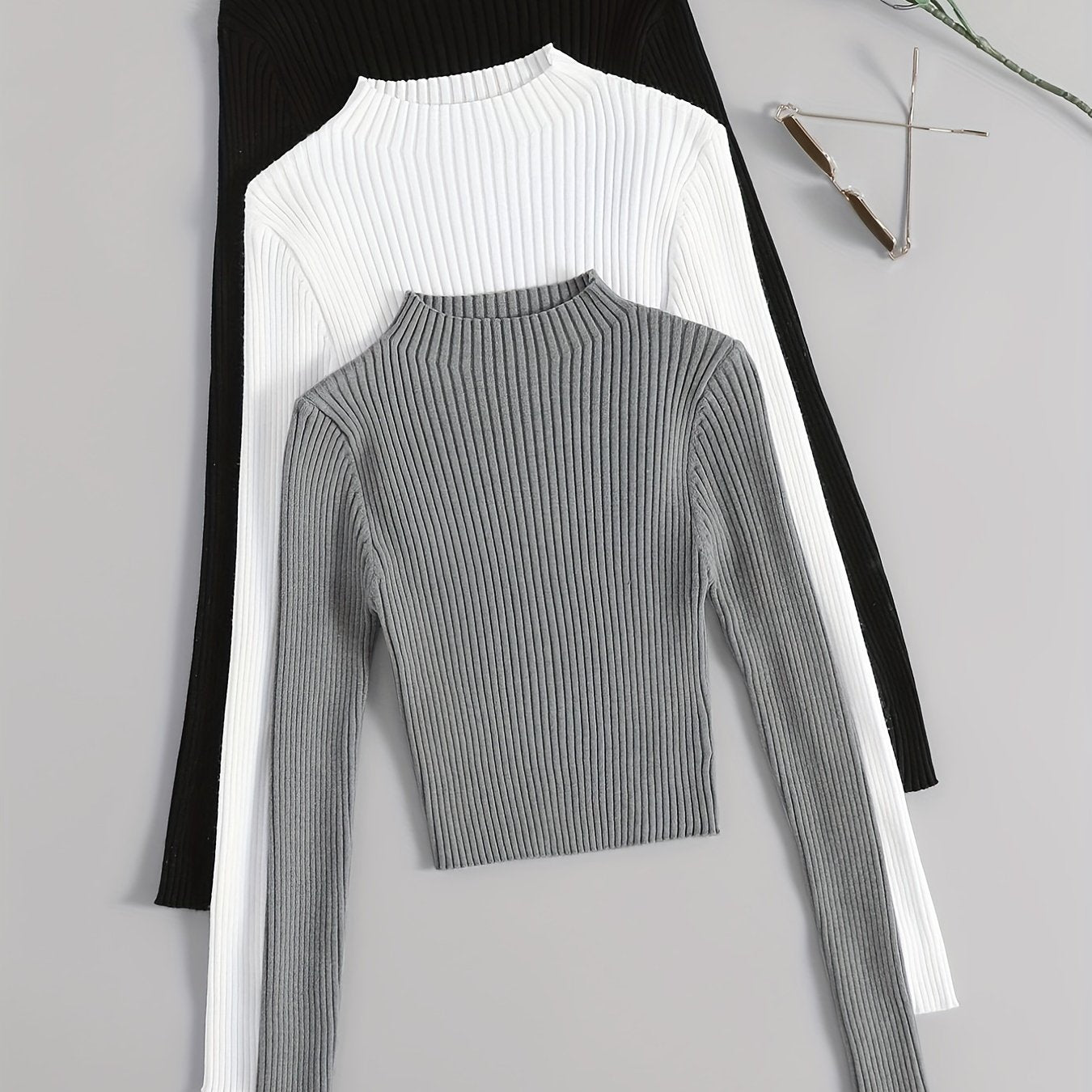Solid Mock Neck Rib Knit Top 3-Pack - Casual Long Sleeve Slim Sweater