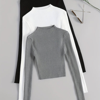 Solid Mock Neck Rib Knit Top 3-Pack - Casual Long Sleeve Slim Sweater