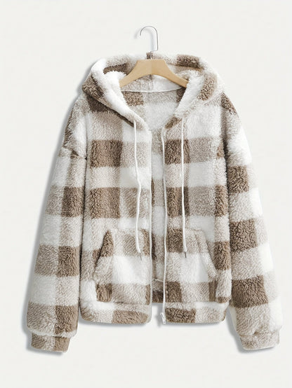 Plaid Hooded Zipper Coat, Casual Fall/Winter Outerwear