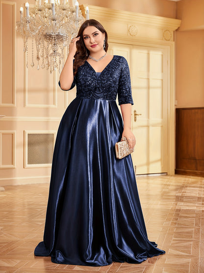 Elegante vestido azul marinho com decote em V e lantejoulas e cintura justa - Vestido de casamento e banquete de manga média e corte A, poliéster, lavável à mão