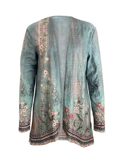 [Chic Floral Print Cardigan] Lightweight Polyester Blend Chic Floral Print Cardigan - Casual Long Sleeve Open Front Jacket, Machine Washable, Perfect for Spring & Fall
