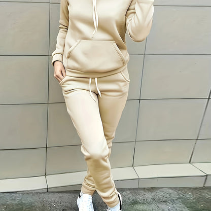 Solid Two-piece Set, Hoodie with Kangaroo Pocket & Drawstring Pants