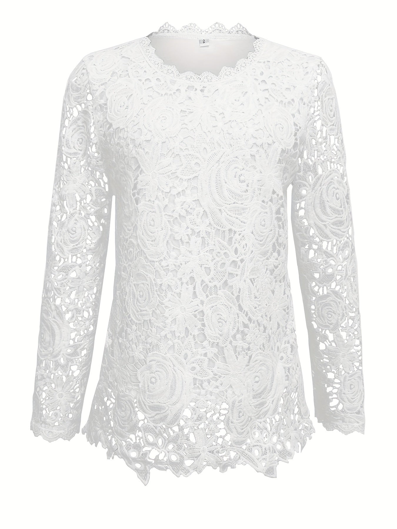 T-Shirt mit Guipure-Spitze und Muschelbesatz, elegantes Langarmshirt für Frühling/Herbst.
