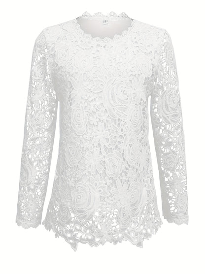 T-Shirt mit Guipure-Spitze und Muschelbesatz, elegantes Langarmshirt für Frühling/Herbst.
