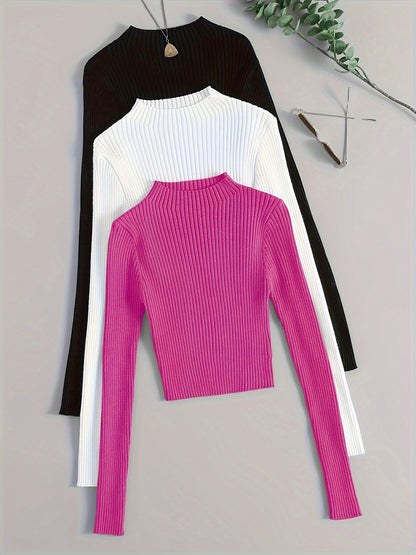 Solid Mock Neck Rib Knit Top 3-Pack - Casual Long Sleeve Slim Sweater