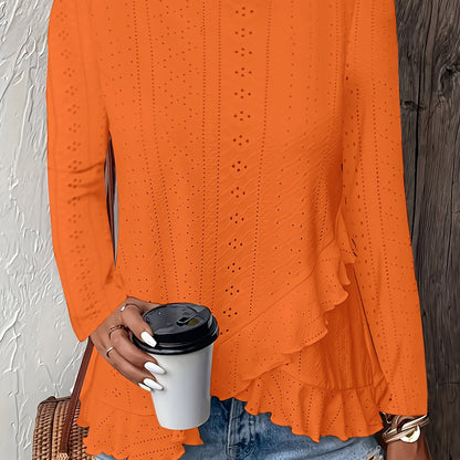 Camiseta feminina de manga comprida com babados e gola redonda, elegante e estilosa, primavera e outono, confortável e respirável, tecido jacquard de cor sólida