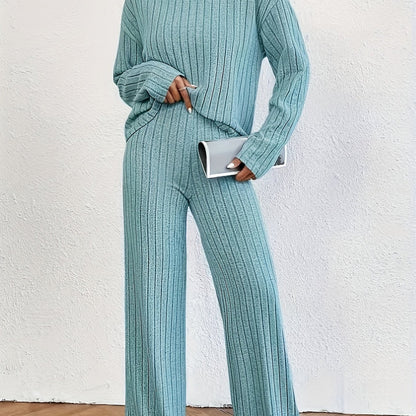 Solid Ribbed Two-piece Set, Mock Neck T-shirt & Wide Leg Pants