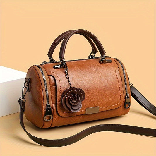 Bolsa Boston Vintage - Bolsa de Grande Capacidade com Zíper com Pingente de Flor