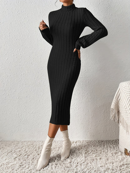 Ribbed Solid Bodycon Dress, Elegant Turtleneck Long Sleeve Dress for Women.