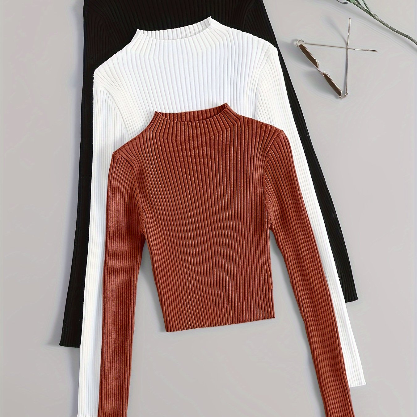 Solid Mock Neck Rib Knit Top 3-Pack - Casual Long Sleeve Slim Sweater