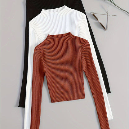 Solid Mock Neck Rib Knit Top 3-Pack - Casual Long Sleeve Slim Sweater
