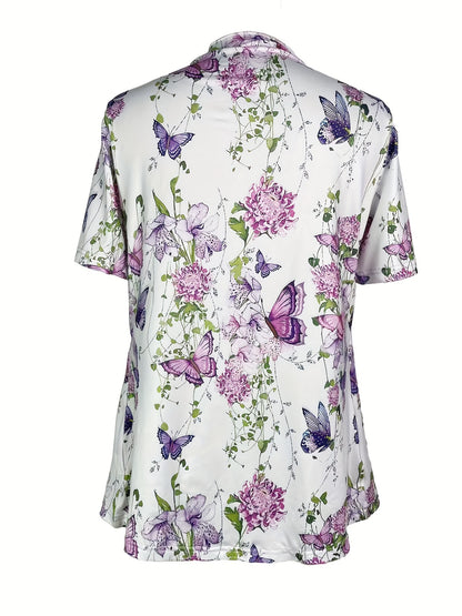 [Chic Butterfly Print Top] Vibrant Spring/Summer Chic Butterfly Print Top - Casual Crew Neck, Short Sleeve, Stretchy Polyester Blend, Machine Washable Faux Layered Pullover with Floral Accents