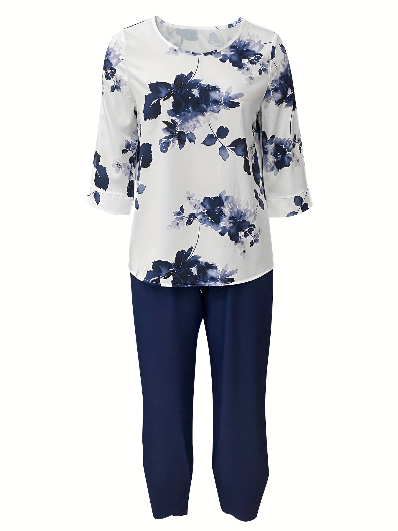 Two-piece Set, Floral Print Short Sleeve Blouse & Solid Elastic Waist Loose Pants, Elegant Women's Clothing Outfits