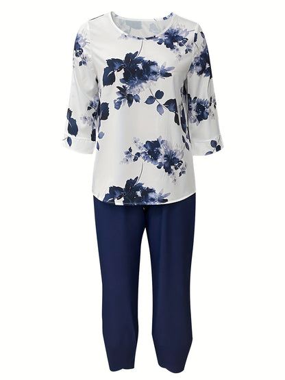 Two-piece Set, Floral Print Short Sleeve Blouse & Solid Elastic Waist Loose Pants, Elegant Women's Clothing Outfits