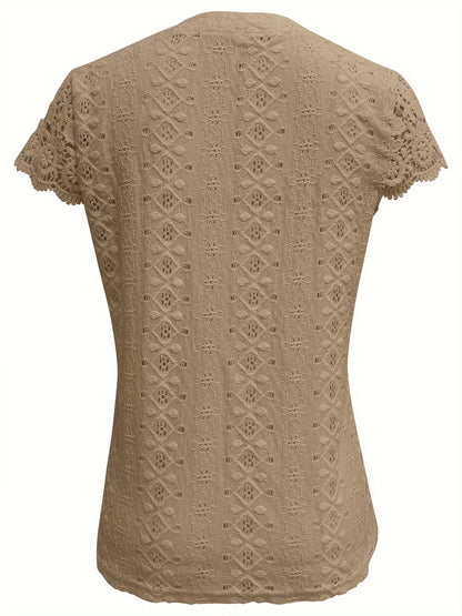 Women's V-Neck Lace Button-Detail T-Shirt, Short Sleeve, Casual Summer Top.